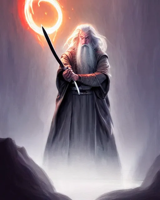 Image similar to Gandalf the grey casting a magic giant fork spell, crimson led, glowing, D&D, fantasy, intricate, elegant, highly detailed, digital painting, artstation, concept art, matte, sharp focus, illustration, hearthstone, art by Artgerm and Greg Rutkowski and Alphonse Mucha