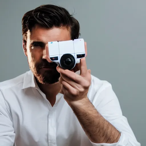 Prompt: a man in a white shirt with playstation controllers instead of hands, portrait photo, low depth of field