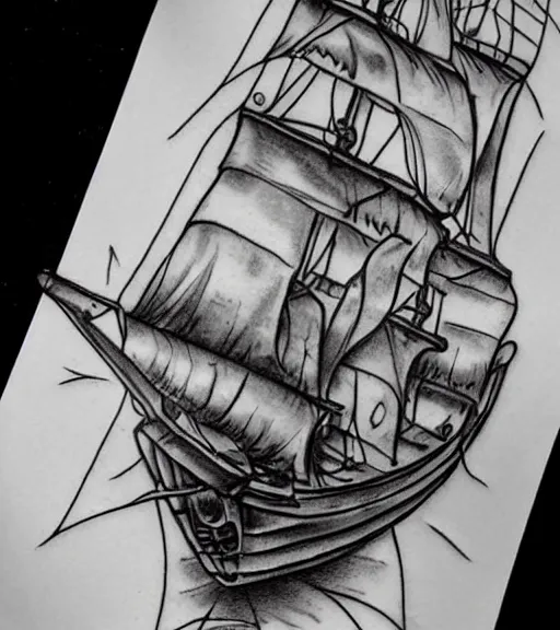 Image similar to A realistic tattoo design of a magical pirate ship on white paper, realism tattoo design, highly detailed tattoo, shaded tattoo, hyper realistic tattoo