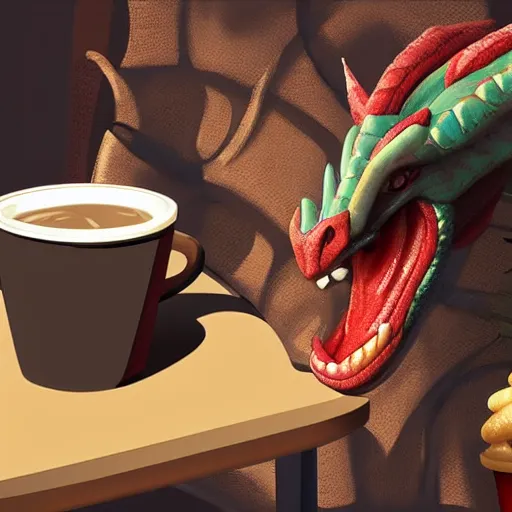 Image similar to a dragon getting coffee at starbucks. realistic high resolution color photo 2 0 2 2