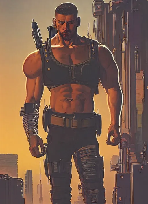 Image similar to buff cyberpunk mercenary dude. portrait by stonehouse and mœbius and will eisner and gil elvgren and pixar. realistic proportions. cyberpunk 2 0 7 7, apex, blade runner 2 0 4 9 concept art. cel shading. attractive face. thick lines.