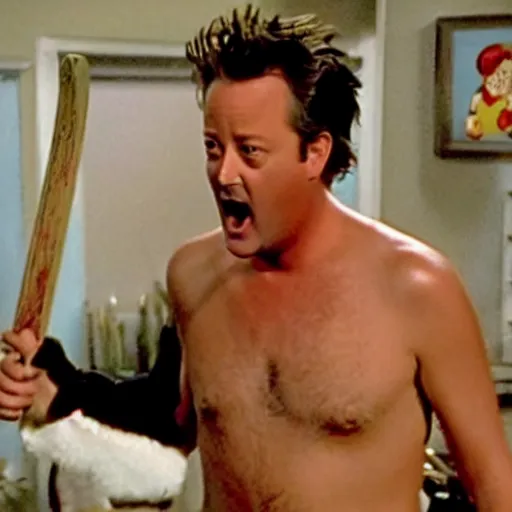 Prompt: matthew perry in his apartment wearing only white briefs swinging a shiny metal machete while screaming, friends 9 0 s tv show screenshot,