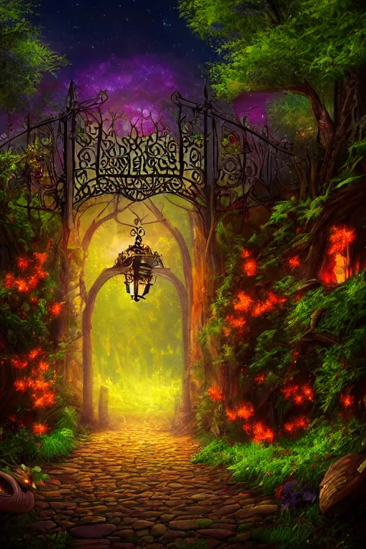 Prompt: a beautiful digital glossy clear sharp of a detailed gothic fantasy fireflies forest trees roots mushrooms fireflies moonlight and iron gate cobblestone pathway vines colorful sky by james gurney, 8 k resolution trending on artstation concept art digital illustration