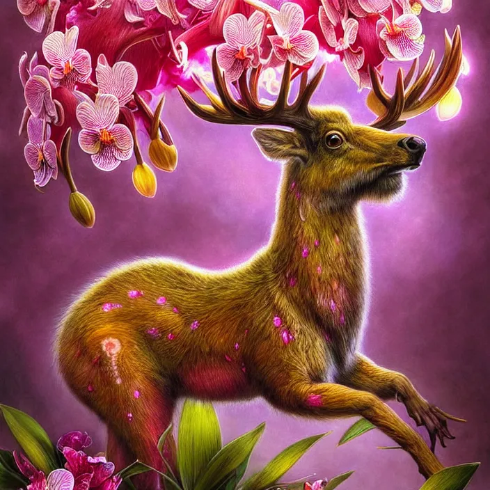 Image similar to extremely psychedelic animal made of orchid and cherry blossom tree and mushroom, LSD elk, diffuse lighting, fantasy, intricate, elegant, highly detailed, lifelike, photorealistic, digital painting, artstation, illustration, concept art, smooth, sharp focus, art by John Collier and Albert Aublet and Krenz Cushart and Artem Demura and Alphonse Mucha