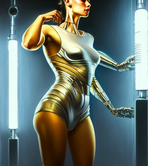 Image similar to beauty woman wrapped in white and gold, Terminator artifacts, electrical case display, cyberpunk tech, ultrarealistic, dramatic lighting, electrical details, high details, 4k, 8k, best, accurate, trending on artstation, artstation, photorealism, ultrarealistic, digital painting, style of Peter Mohrbacher, Caravaggio, Caravaggio, Boris Vallejo, Hajime Sorayama