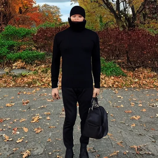 Prompt: Photo of a man wearing a black turtleneck sweater looking at the viewer