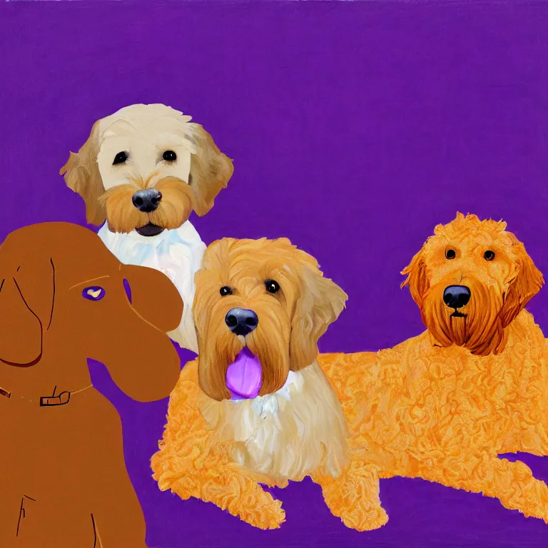 Image similar to a portrait of a royal throne flanked by an orange tabby sitting on a floating purple pillow to the left and a brown goldendoodle sitting on a floating purple pillow to the right, oil on canvas, soft lighting, 8 k