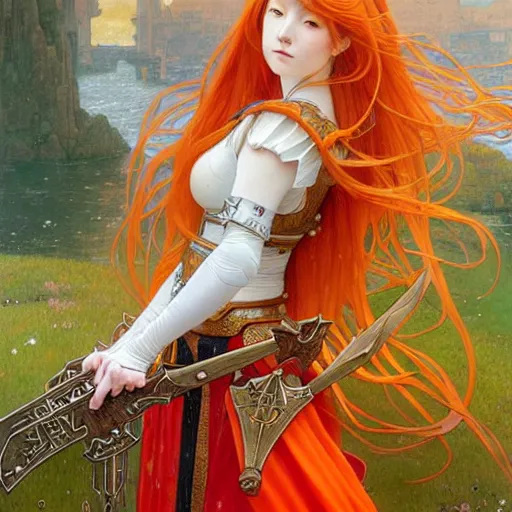 Prompt: Masterpiece head and shoulders portrait of Asuna Yuuki, young woman with orange hair wearing a partial paladin armor with a red skirt and white top, face, fantasy, intricate, elegant, highly detailed drawn by Donato Giancola and Fernanda Suarez and Artem Demura, face by Artgerm and Edmund Leighton, Alphonse Mucha, background by James Jean and Gustav Klimt, 4k, porcelain skin, komorebi, french nouveau, trending on pixiv, octane render, hyperrealistic
