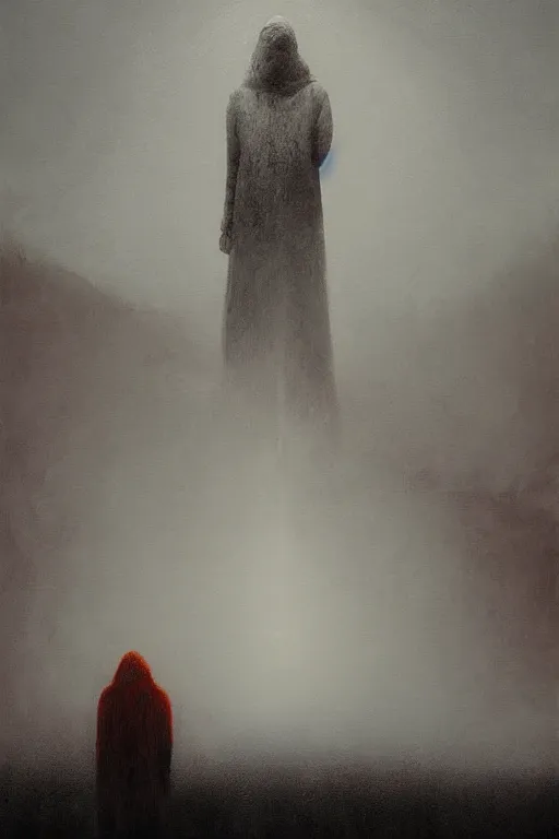 Image similar to a painting of a person standing in the snow, a surrealist painting by zdzisław beksinski and by alena aenami, deviantart, nuclear art, dystopian art, apocalypse landscape, surrealist