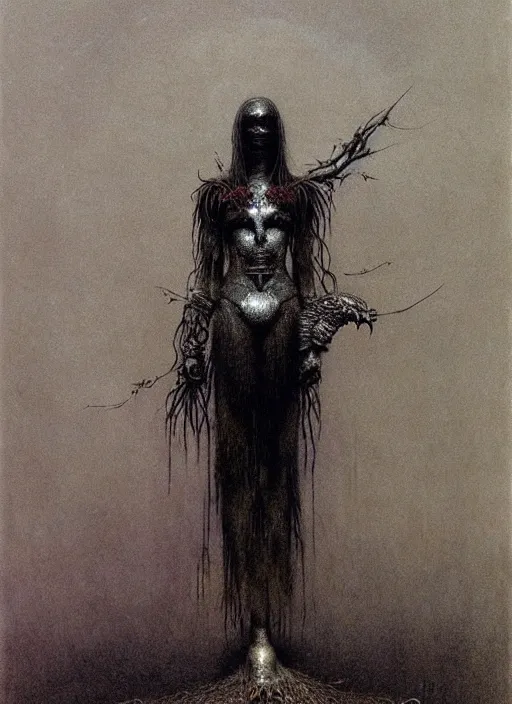 Image similar to full body girl in detailed ornamental mask of crow by Beksinski and Luis Royo