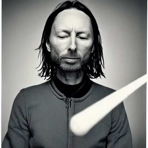 Image similar to Radiohead singer Thom Yorke, holding the moon upon a stick, with a beard and a black jacket, a portrait by John E. Berninger, dribble, neo-expressionism, uhd image, studio portrait, 1990s