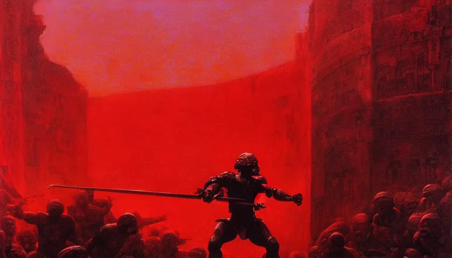Prompt: only with red, a lightly armored gladiator in a crowded roman amphitheatre, crowd cheering, in the style of beksinski and edward hopper and rodcenko and yue minjun and rolf armstrong, intricate and epic composition, red by caravaggio, highly detailed, masterpiece, red light, artstation
