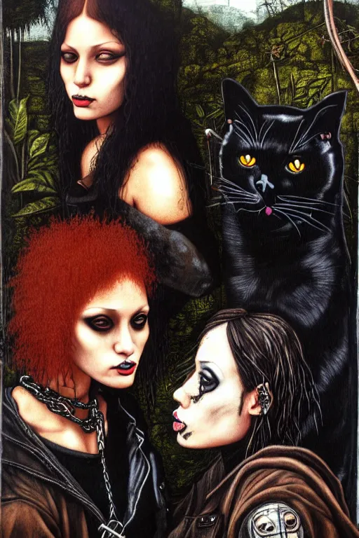 Prompt: punk rock girls kissing and making selfie with black cats in jungle , 1980 style, mad max jacket, post apocalyptic, Cyberpunk, renaissance, Gothic, mystic, highly detailed, 4k, fog, oil painting on canvas by Leonardo Da Vinci, hyper realistic style, fantasy by Olga Fedorova