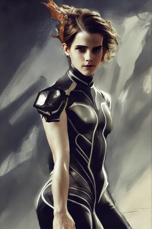 Image similar to emma watson portrait futuristic fractal fightsuit gaston bussiere craig mullins j. c. leyendecker short wet hair richard avedon peter lindbergh monochrome studio lighting