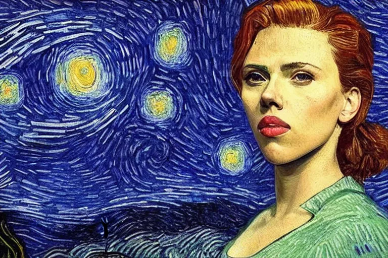 Prompt: beautiful portrait of scarlett johansson painted by van gogh : : starry night