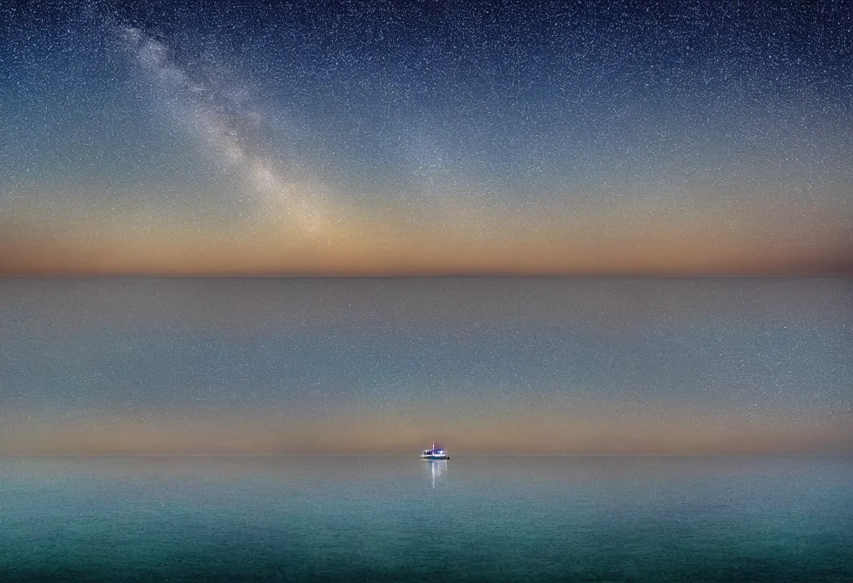 Prompt: peaceful sea at night full of stars milky way visible clear waters lonely yatch at distance blue tones sharp focus hdr