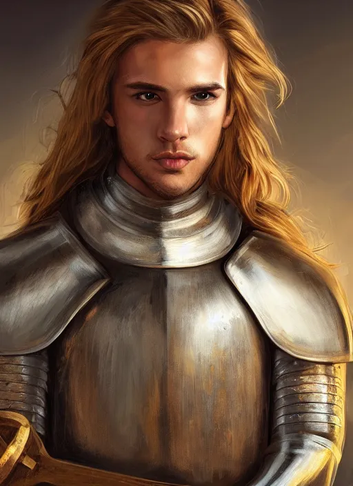 Image similar to oilpainting of a handsome young knight with a beautiful face and clear skin, long blond hair, knight armor, no helmet, medieval art, high resolution, clear image, digital art, studio photo, 4 k, clear lines, artstation