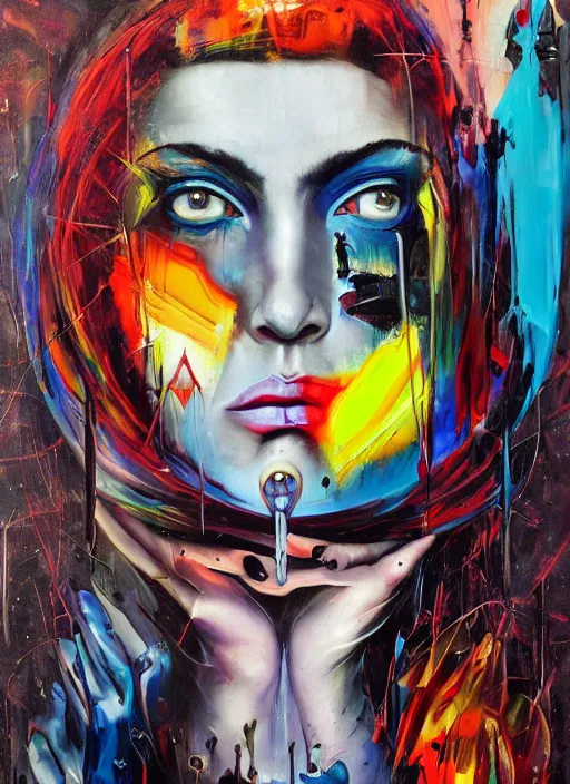 Image similar to abstract expressionist tripping magic cult psychic woman, painted face, third eye, energetic consciousness psychedelic, epic surrealism expressionism symbolism, story telling, iconic, dark robed, oil painting, symmetrical face, dark myth mythos, by sandra chevrier, bruce pennington, joan mitchell masterpiece