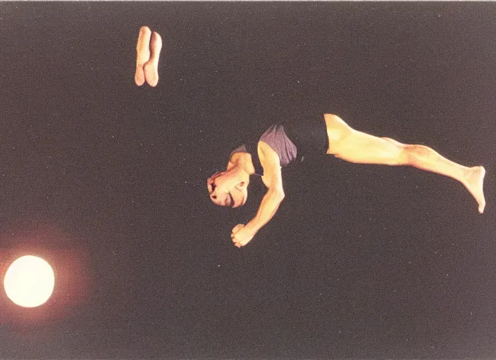 Image similar to a still from a color 1 9 8 5 film with a man floating 1 0 feet above the ground at night with a single raised arm, rear shot