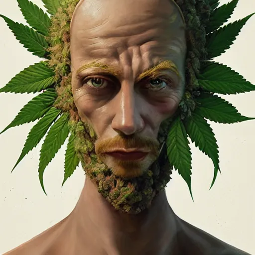 Image similar to a man made of hemp, with a head in the form of a cannabis bloom, like young grut, green skin, character, art by james jean and greg rutkowski!!, realistic face, digital art, chibi style, golden ratio, perfect composition, trending on artstation, 8 k