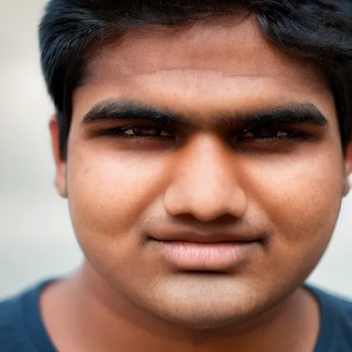 Image similar to close - up portrait photograph of a large teenage indian male with black eyes, a big mouth, chubby facial features, a messy stubble and thin moustache, and short touselled black hair, highly detailed, anatomically correct features,