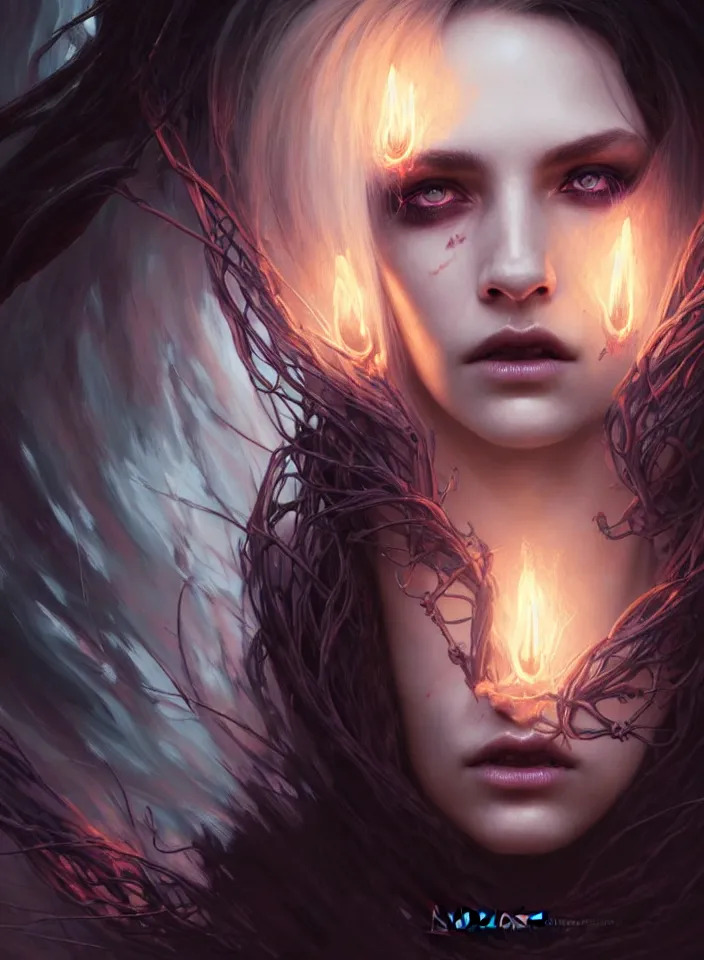 Image similar to Necromancer Sorceress face close-up macro in center, flying hair, fantasy magic, undercut hairstyle, dark light night, intricate, elegant, sharp focus, illustration, highly detailed, digital painting, concept art, matte, art by WLOP and Artgerm and Greg Rutkowski and Alphonse Mucha, masterpiece