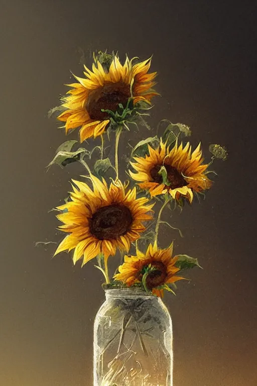 Image similar to beautiful digital botanical illustration sunflowers in a mason jar, by greg rutkowski artstation