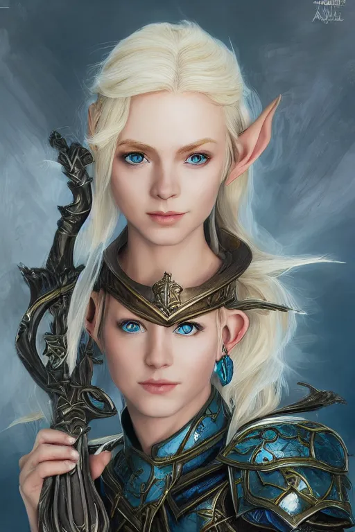 Image similar to highly detailed full body portrait painting of a proud young elven knight in the style of Warhammer Fantasy by Artgerm and Arian Mark, short blonde hair, blue eyes, sapphire earrings, no helmet, low angle shot, highly detailed, trending on artstation, cgsociety, 4k, 8k, HDR, octane render, unreal engine