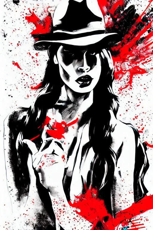 Image similar to dream of a film still from sin city, closeup portrait of film noir angry megan fox private detective wearing a hat, detailed illustration, digital art, trending on artstation, frank miller, martin ansin, action movie poster, dripping paint, red on black, graffiti, gta v,