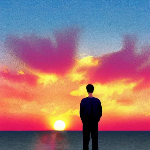 Image similar to a man looking off into a vaporwave sunset