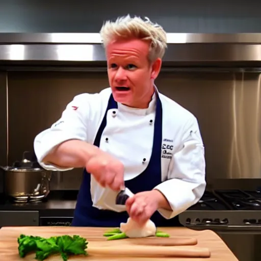 Image similar to hyper real Gordon Ramsey cooking a unicorn in kitchen 4k