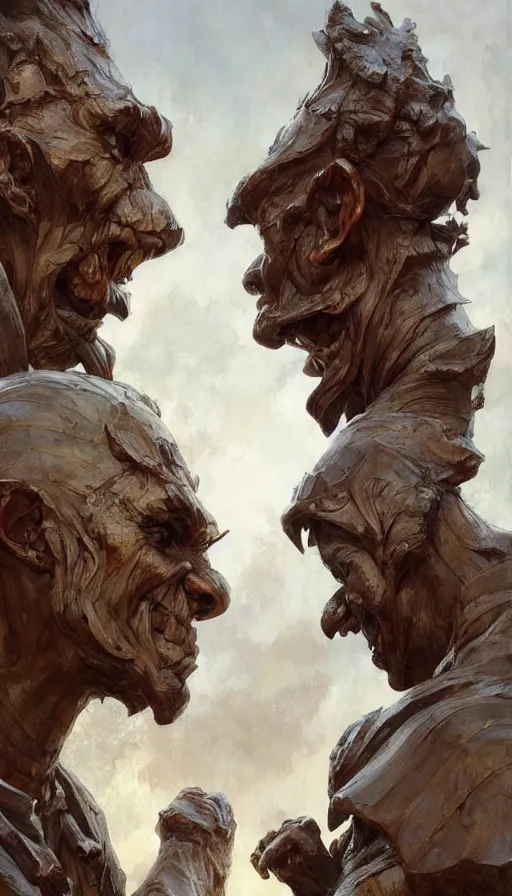 Image similar to wooden gargoyle profiles, paint texture, digital painting, highly detailed, artstation, sharp focus, sunlit, painted by ruan jia, raymond swanland, lawrence alma tadema, zdzislaw beksinski, norman rockwell, jack kirby, tom lovell, alex malveda, greg staples