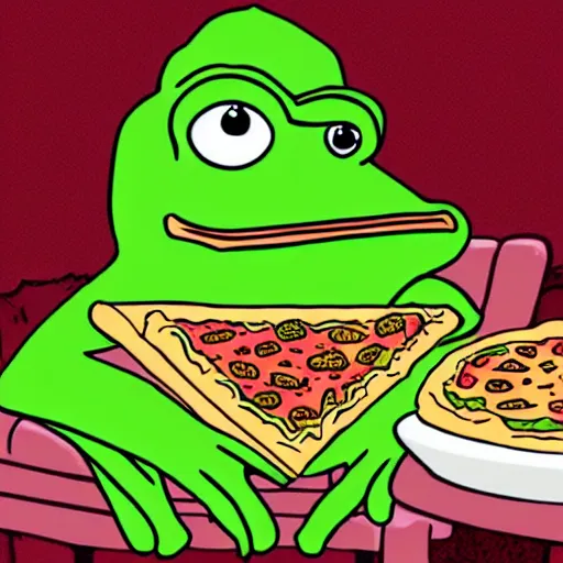 Image similar to pepe the frog chilling in the sofa eating pizza