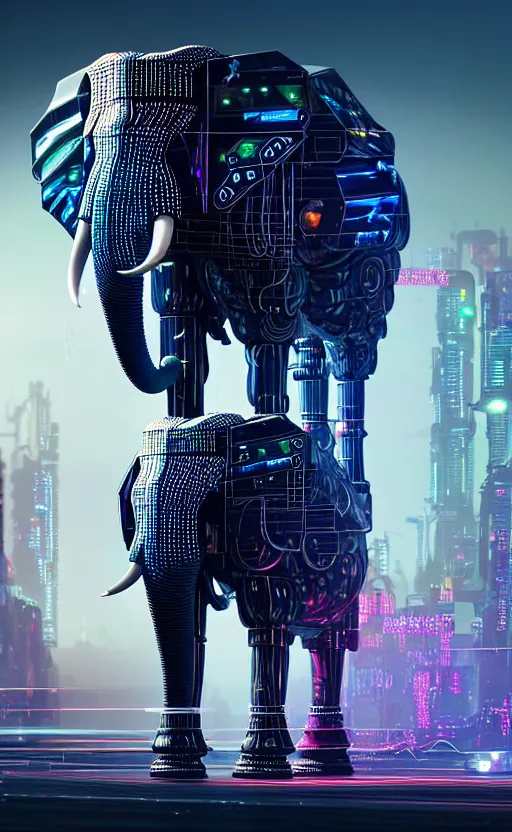 Image similar to hyper realistic and higly detailed photo of a cyberpunk mech elephant. full elephant is seen. intricate, wiring, electronic components, color diodes. volumetric light. professional digital art, lotr style, extremly detailed, trending on artstation, stuning, octane render, unreal engine 5, 8 k rendering.