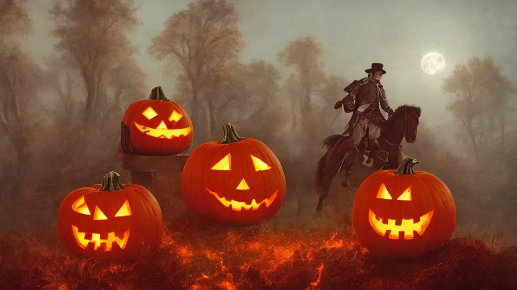 Image similar to a jack - o - lantern headed colonial rider!!!! on lone rampant!!! ( ( black horse ) ) with fiery eyes, background gnarled trees and large supermoon, in the styles of greg rutkowski, keith parkinson, and john quidor, intricate, detailed, volumetric lighting