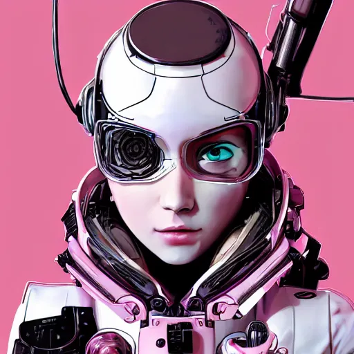 Prompt: highly detailed portrait of a post-cyberpunk robotic young lady with space helmet and wired cybernetic face modifications, skull face, robotic limbs, by Akihiko Yoshida, Greg Tocchini, Greg Rutkowski, Cliff Chiang, 4k resolution, persona 5 inspired, pristine white, pink, brown and black color scheme with sparking stray wiring