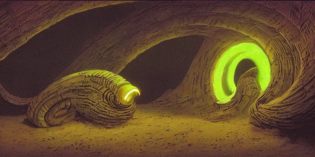 Image similar to angry, screaming nautilus sandworm, made of neon light, volumetric lighting, by caspar david friedrich and wayne barlowe and ted nasmith