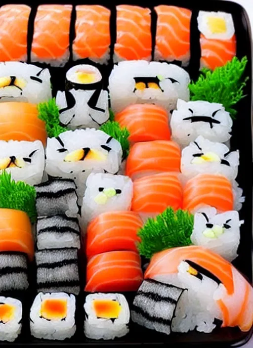 Image similar to clear photorealistic picture of adorable cats made out of sushi