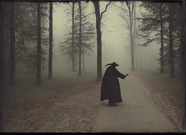 Image similar to medium shot, a plague doctor walks towards a house, woods, horror, night, polaroid photo, vintage, neutral colors, by gregory crewdson,