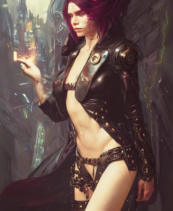 Image similar to portrait of a cyberpunk witch, half body, d & d, fantasy, intricate, elegant, highly detailed, digital painting, artstation, concept art, art by artgerm and greg rutkowski and alphonse mucha