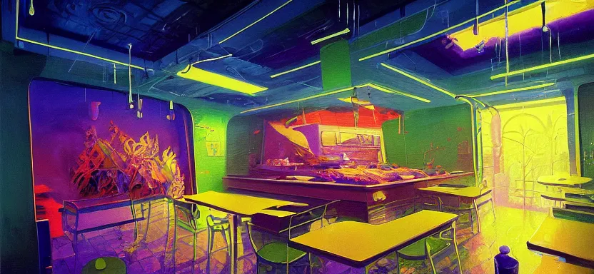 Image similar to beautiful masterpiece painting of a quiznos sandwich shop in a future radioactive glowing swamp, cryogenic day spa treatment, grunge cyberpunk, by Remedios Varo and Anato Finnstark and Greg Rutkowski, dayglo pink, dayglo blue, by Craig Mullins, ilya kuvshinov, krenz cushart, artgerm, 8k, trending on ArtStation