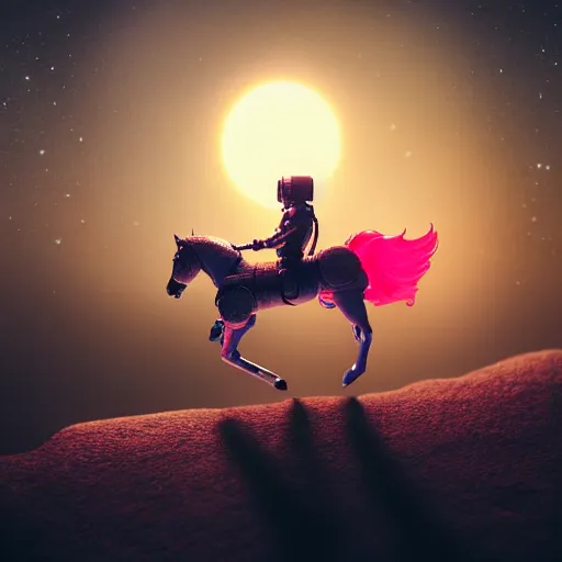 Image similar to photography of anthropomorphic horse riding on top of an astronaut back. from western by hiroyuki okiura and katsuhiro otomo and alejandro hodorovski style with many details by mike winkelmann and vincent di fate in sci - fi style. volumetric natural light photo on dsmc 3 system,