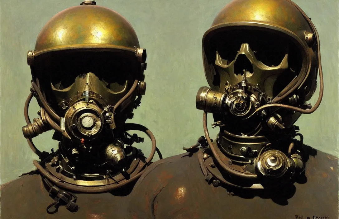 Image similar to portrait of deep sea diver helmet!!!!!!!!!!!!!!!!!!!!!!!!!!!, detailed skull face, detailed painting, epic lighting, by ilya repin, phil hale and kent williams