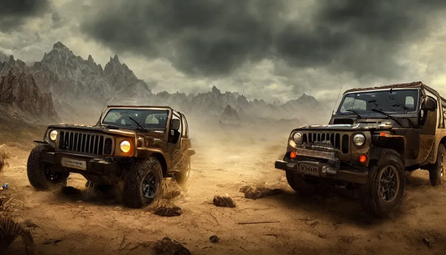 Image similar to Mahindra thar, tribe members attacking, action scene, an epic fantasy, dramatic lighting, cinematic, establishing shot, extremely high detail, photorealistic, cinematic lighting, artstation, by christopher nolan, horizon forbidden west