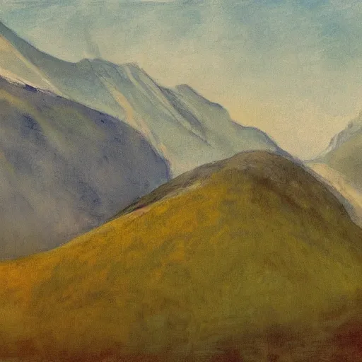 Prompt: a wide landscape of the austrian alps at sunrise in the summer, painting in the style of hilma af klint