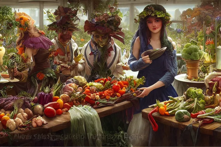 Prompt: vegetables parade on a cutting board in the kitchen, digital art, realistic, anthropomorphic, highly detailed, cinematic, matte painting, vivid colors, realistic, epic lighting, by greg rutkowski and artgerm and alphonse mucha