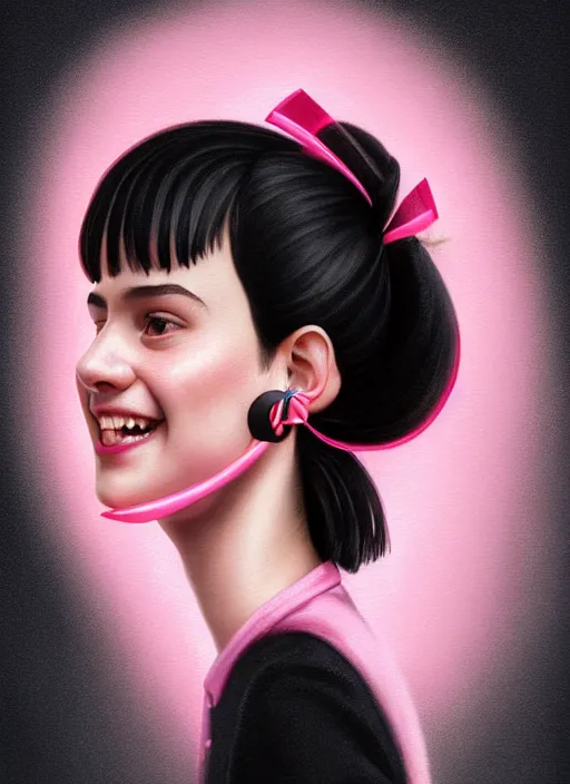 Image similar to portrait of high school girl, realistic, black hair, bangs, half updo hairstyle, pointy nose, skinny, smile, ugly, defined jawline, big chin, pink hair bow, earrings, intricate, elegant, glowing lights, highly detailed, digital painting, artstation, sharp focus, illustration, art by wlop, mars ravelo and greg rutkowski