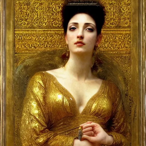 Image similar to a queen in a gold dress, ancient, arabic art, oil painting, otomo, amano, bouguereau, gustave moreau