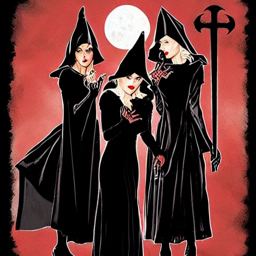 Prompt: in the style of Steve Niles, Norman Rockwell, three female witches dressed in black with veils:: graveyard:: red moon:: vampire blonde woman::