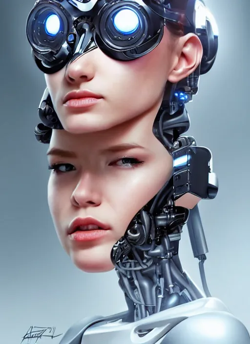 Prompt: portrait of a cyborg woman who turns her head to the ((((((right))))) left+3 (((((up))))) (((((down))))) by Artgerm,eyes closed , biomechanical, hyper detailled, trending on artstation